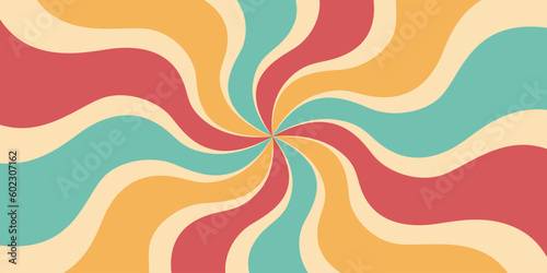Groovy 70s,60s background with twisted sunburst.Vector illustration