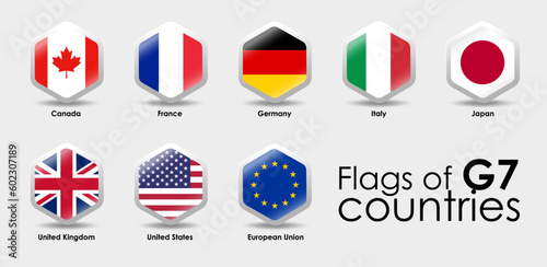 G7 summit flags Isolated icons. Group of Seven vector flags symbol. Simple Hexagon shape design. 