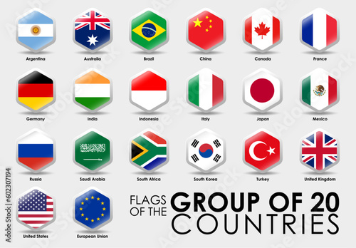 Flags of the G20 Countries. Simple Hexagon shape design. National flags icon set. Vector illustration on gray background
