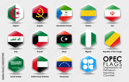 Opec countries. Flags of opec the organization of the petroleum exporting countries. Simple Hexagon shape design © 397HOUSE
