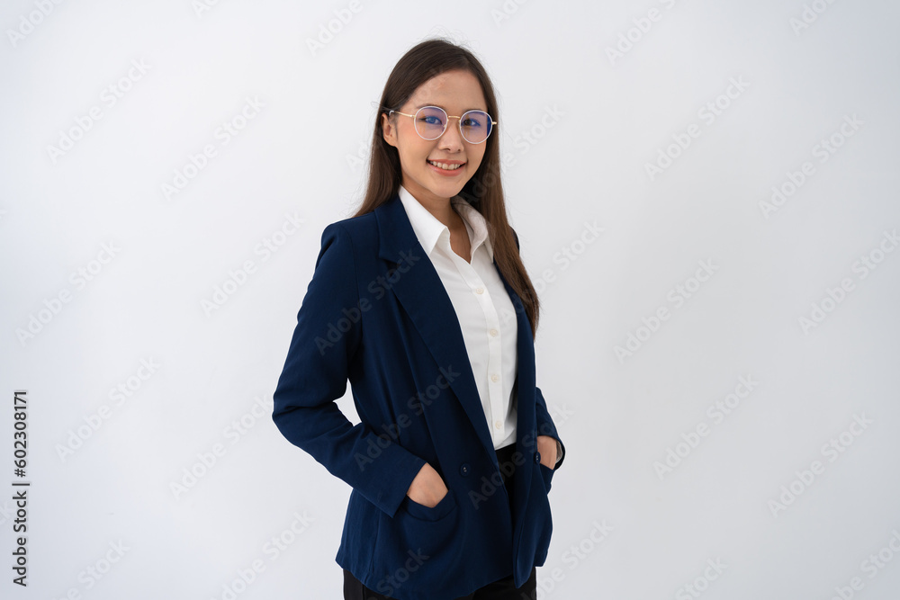 Portrait of smart and happy young thoughtful Asian business women think for new ideas on isolated white background. Concept of advertising marketing and product placement. Portrait of smart and happy young thoughtful Asian business women think for new ideas on isolated white background. Concept of advertising marketing and product placement.