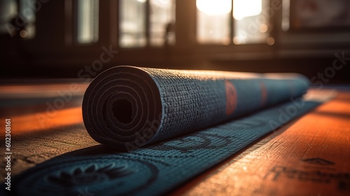 Yoga mat on a wooden floor in the morning light. Selective focus.