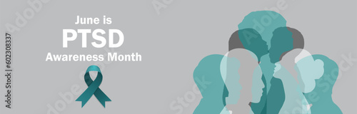PTSD Awareness Month design banner with silhouette of people on a grey background. Vector illustration photo