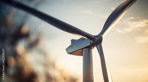 Close up of a wind turbine at sunset. Alternative energy source.