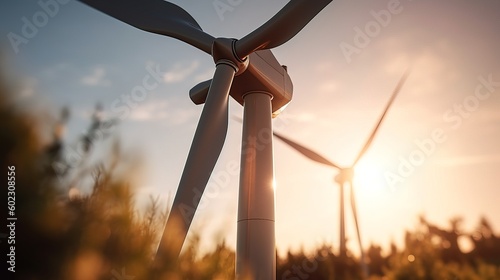 Wind turbines on the field at sunset. Alternative energy source. Selective focus.