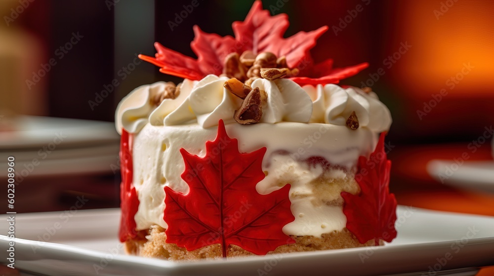 A close-up of a Canada-themed dessert, like a red-and-white maple leaf cake, served at a Canada Day party A close-up of a Canada-themed dessert, like a red-and-white maple leaf cake, served at a Canada Day party