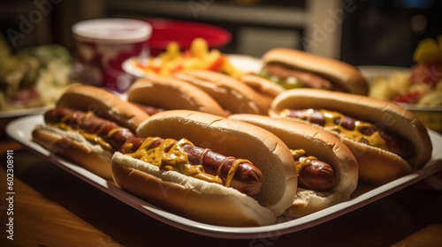 Hot dogs with mustard and ketchup on a wooden table in a restaurant