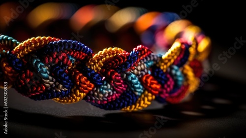Handloom colourful bracelet, close up.