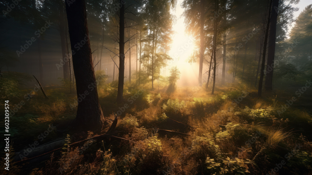 Foggy morning in a pine forest. Autumn landscape at dawn. Photorealistic illustration generative AI.
