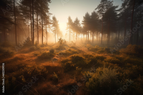 Foggy morning in a pine forest. Autumn landscape at dawn. Photorealistic illustration generative AI.