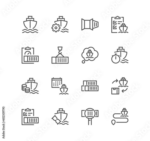 Set of logistics related icons, loading process, container, route, ship, container stacking and linear variety symbols.	
 photo