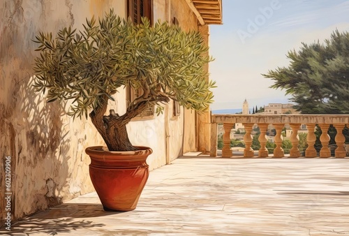 olive tree on front veranda, generative ai