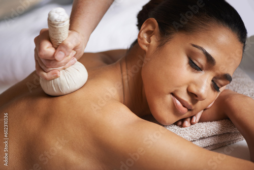 Girl, compress or hands for back massage in salon to relax for zen resting or wellness in physical therapy healing. Woman in spa for sleeping or natural holistic body detox by masseuse with hot balls
