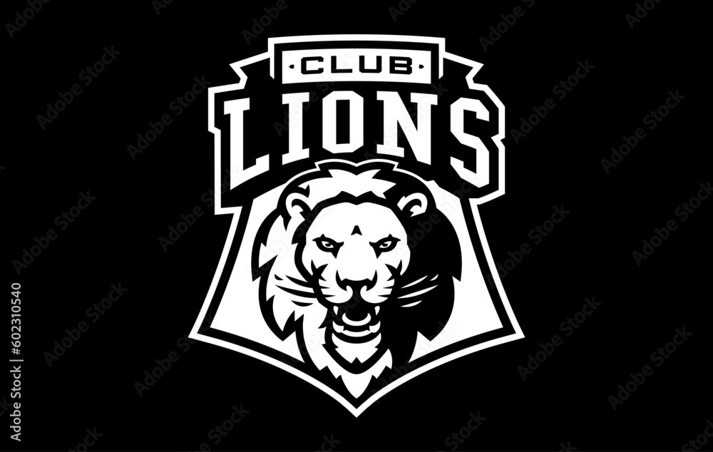 Monochrome sticker, sport logo with lion mascot. Black and white emblem with the head of a lion mascot on the background of a shield with a team font. Isolated vector illustration