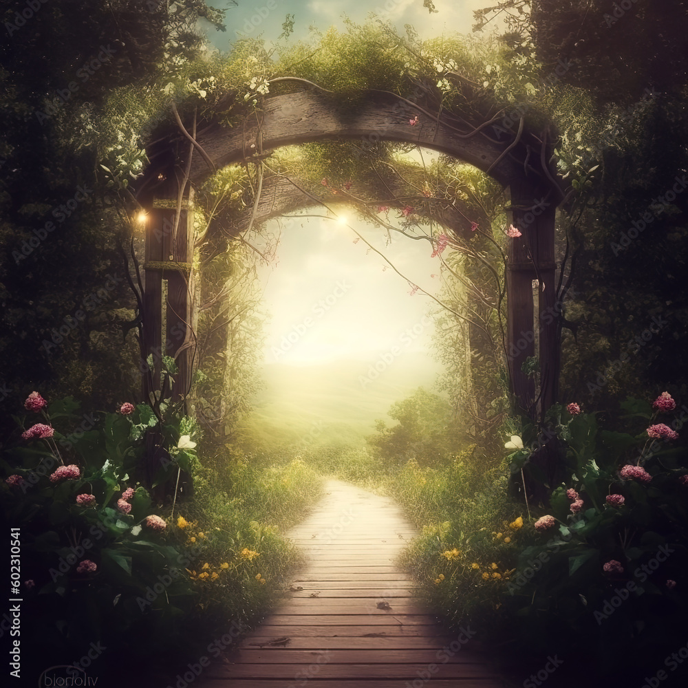 Obraz premium Generative AI: Beautiful garden gate to a amazing landscape