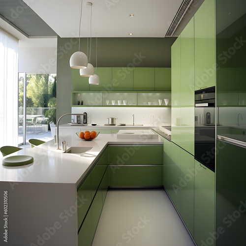 Green kitchen  modern and minimalist interior design