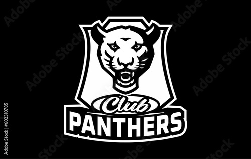 Monochrome sticker, sport logo with panther mascot. Black and white emblem with the head of a panther mascot on the background of a shield with a team font. Isolated vector illustration