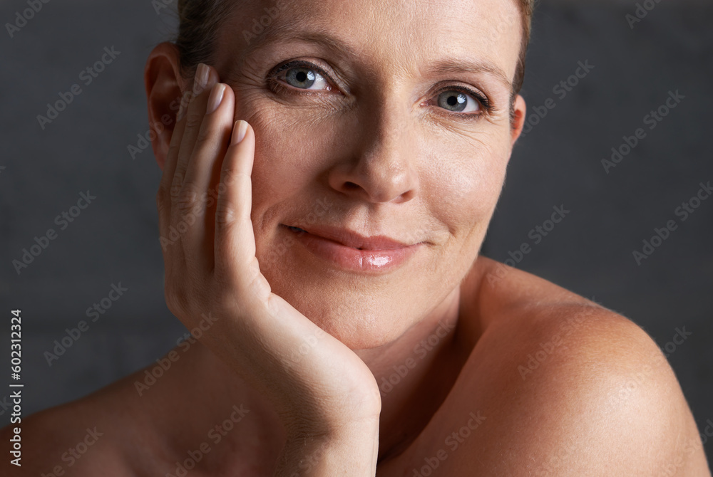 Portrait, smile and mature woman with skincare, makeup and dermatology against studio background. Face, female person and model with cosmetics, beauty and grooming with luxury wellness and soft skin Portrait, smile and mature woman with skincare, makeup and dermatology against studio background. Face, female person and model with cosmetics, beauty and grooming with luxury wellness and soft skin