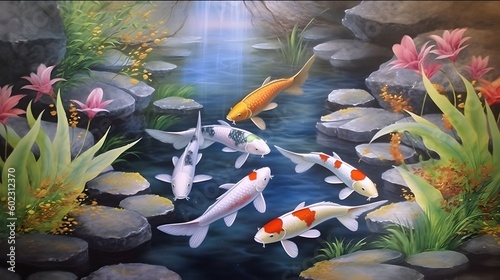 A painting of a serene koi pond, with colorful fish swimming amidst lily pads and rocks, would bring a sense of tranquility and harmony. Generative AI. photo