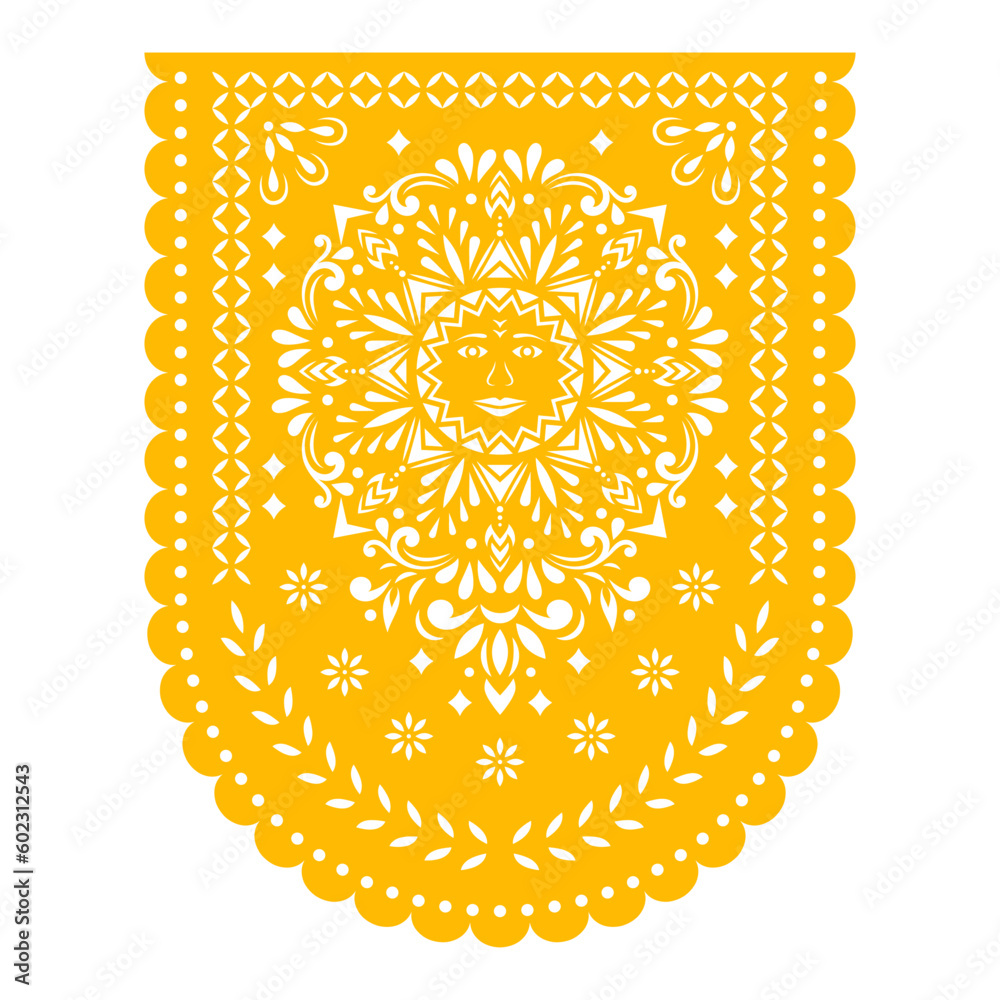 Papel Picado banner. Mexican party decoration. Paper garland with the Sun and flowers.