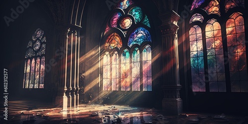 Sunlight shines through high stained glass windows in church. superlative generative AI image.