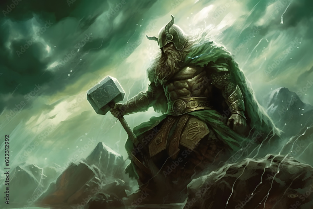 God Thor holds the hammer Mjelnir, a warrior with a sword, thunder and ...