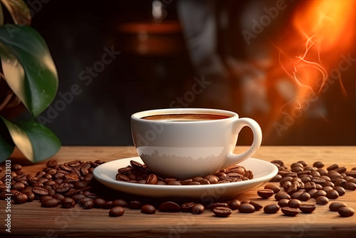 Cup of steamy coffee with smoke and coffee beans. Hot coffee on wooden table. Commercial shot of coffee.