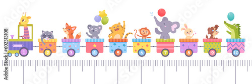 Cute train with animals and school ruler vector illustration. Cartoon isolated little funny happy animals passengers ride toy locomotive and colorful carriages, travel and measure length and size