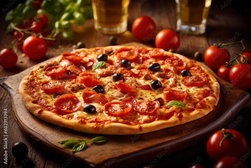 Hot tasty traditional italian pizza with onion, olives, cheese and tomatoes on wooden table decorated with vegetables and spices, AI Generated