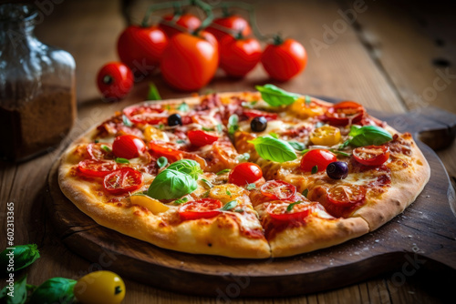 Hot tasty traditional pepperoni italian pizza with salami, olives, cheese, tomatoes and basil on wooden table decorated with vegetables and spices, AI Generated