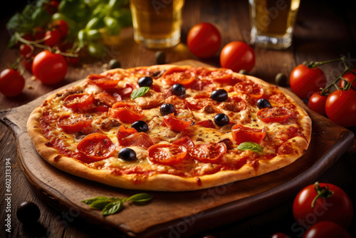 Hot tasty traditional italian pizza with onion, olives, cheese and tomatoes on wooden table decorated with vegetables and spices, AI Generated