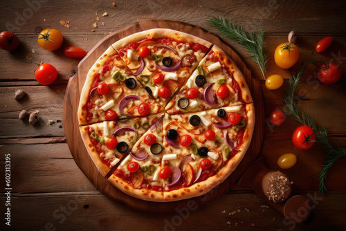 Hot tasty traditional italian pizza with onion, olives, cheese, tomatoes and jalapeno pepper on wooden table decorated with vegetables and spices, AI Generated