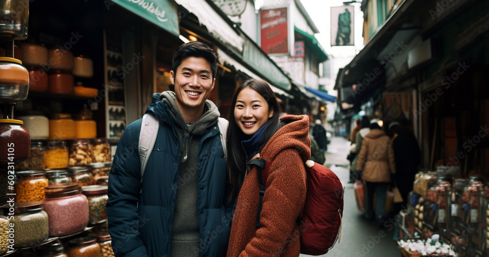 Young japanese couple spending time together in Tokyo in shopping district, happy,smiling traveling couple in love in Asia