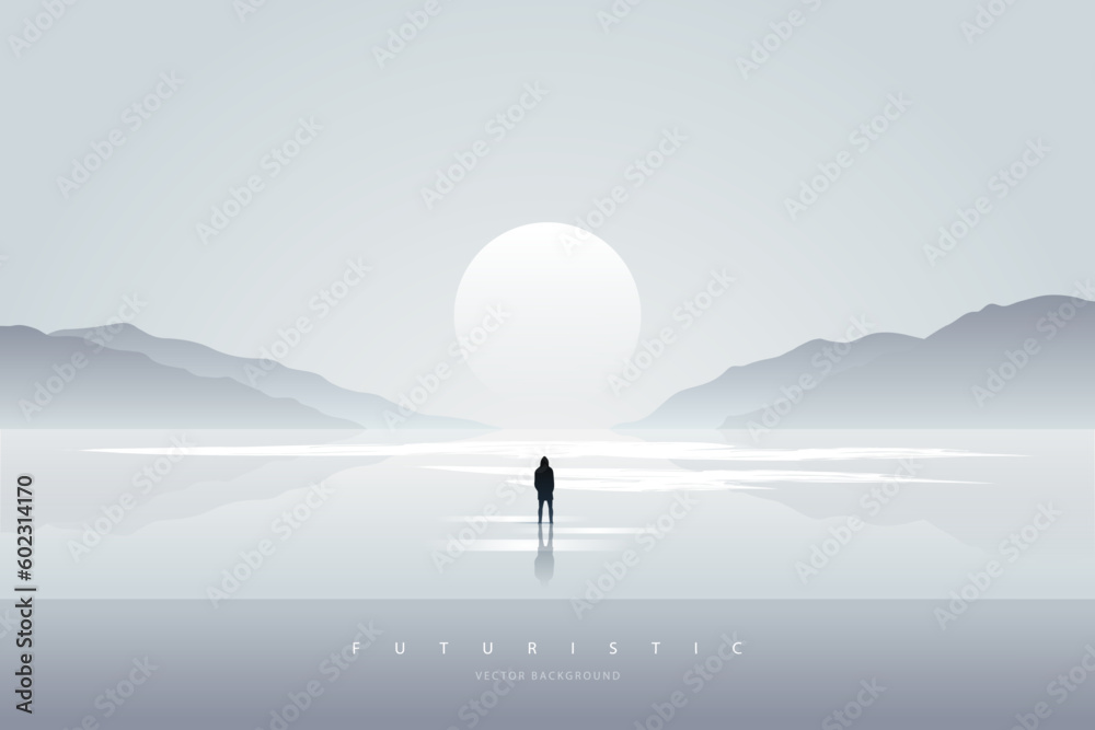 Minimal futuristic landscape. Mountain background with a lonely figure in front of the portal. Sci-Fi poster. Abstract art wallpaper for web, prints, art decoration and applications. Vector