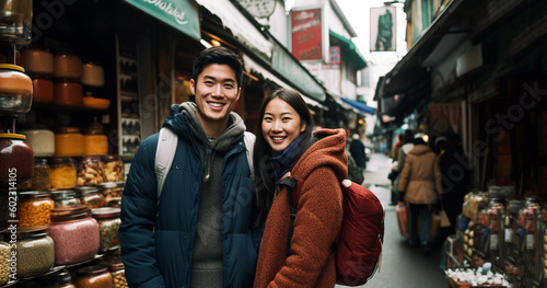 Young japanese couple spending time together in Tokyo in shopping district, happy,smiling traveling couple in love in Asia