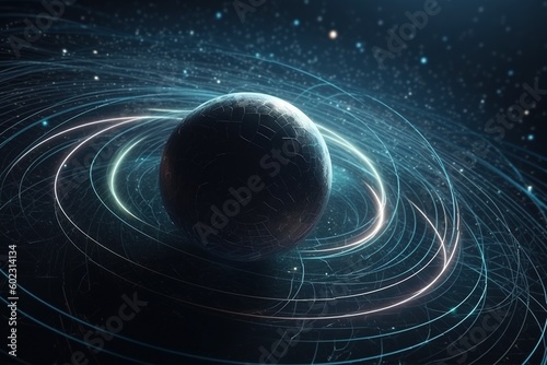 Gravity planet earth, gravitational waves concept. Physical technology background. Design with gravity grid and spheres, line warp, Curved spacetime. In the general theory relativity. Generative AI