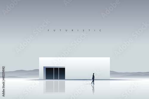 Minimal futuristic landscape. Mountain background with a lonely figure in front of the portal. Sci-Fi poster. Abstract art wallpaper for web, prints, art decoration and applications. Vector