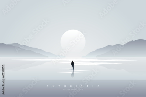 Minimal futuristic landscape. Mountain background with a lonely figure in front of the portal. Sci-Fi poster. Abstract art wallpaper for web, prints, art decoration and applications. Vector
