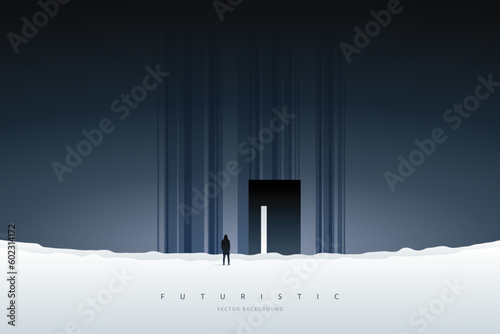 Minimal futuristic landscape. Mountain background with a lonely figure in front of the portal. Sci-Fi poster. Abstract art wallpaper for web, prints, art decoration and applications. Vector