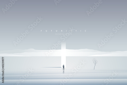 Minimal futuristic landscape. Mountain background with a lonely figure in front of the portal. Sci-Fi poster. Abstract art wallpaper for web, prints, art decoration and applications. Vector