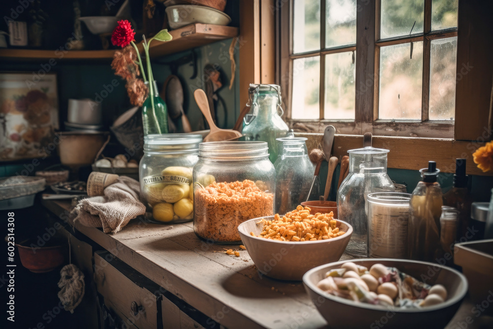 Zero waste rural kitchen in a cottagecore rustic style. Mason jars, sharing concept. Generative AI