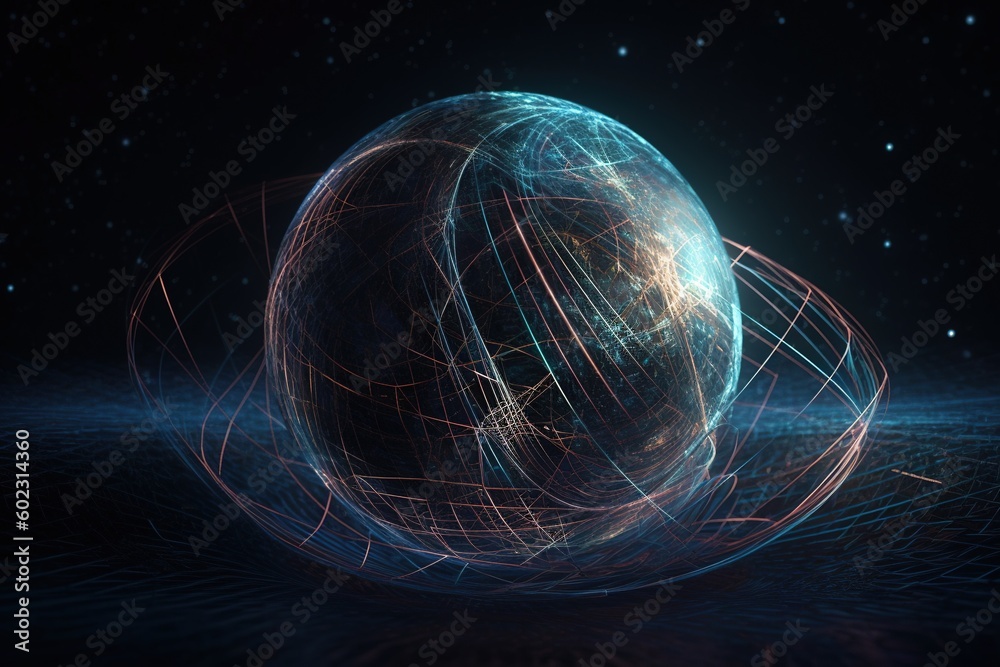 Gravity planet earth, gravitational waves concept. Physical technology background. Design with gravity grid and spheres, line warp, Curved spacetime. In the general theory relativity. Generative AI