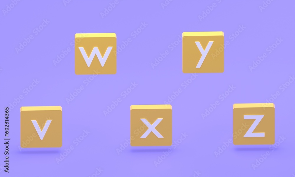 3d rendering of vwxyz letter on the purple background, 3d illustration, 3d image, fit for education theme. 3d rendering of vwxyz letter on the purple background, 3d illustration, 3d image, fit for education theme.