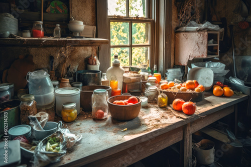 Zero waste rural kitchen in a cottagecore rustic style. Mason jars, sharing concept. Generative AI