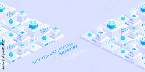 Abstract blockchain and digital cloud network technology background. Artificial intelligence, deep learning and big data concept. Quantum technology. Isometric tech visual for screen pattern template.