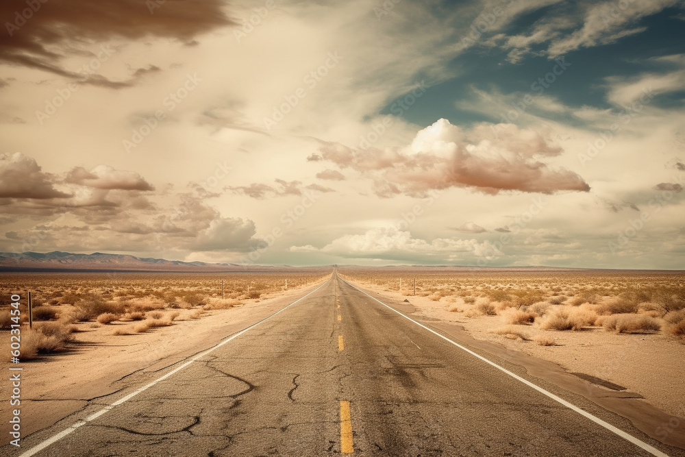 Fototapeta premium Illustration of a highway in a western desert. Generative AI.