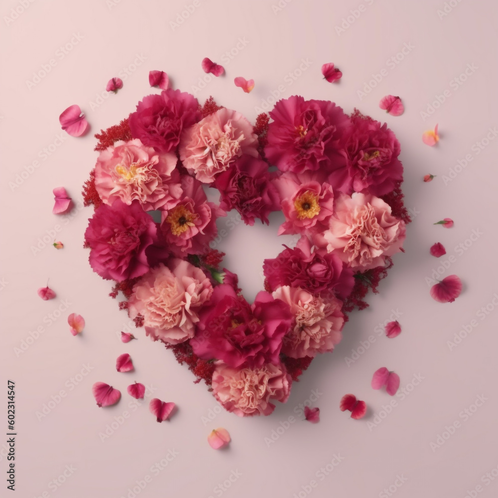 a heart shape made of Carnations flowers, warm and pastel colors, The language of flowers: a woman's affection