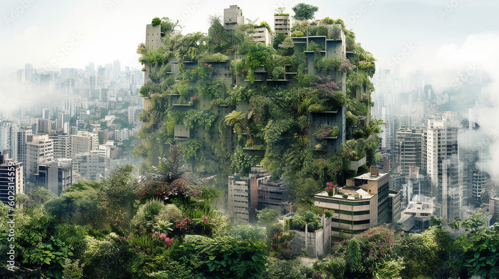 Illustration of skyscrapers covered in vegetation. Future city. Generative AI. 