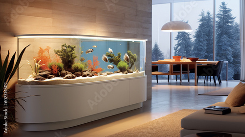 Illustration of a fish tank in a modern home interior. Generative AI. 