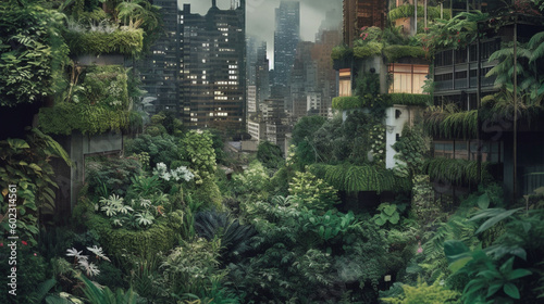 Illustration of skyscrapers covered in vegetation. Future city. Generative AI.  © Jeff Whyte